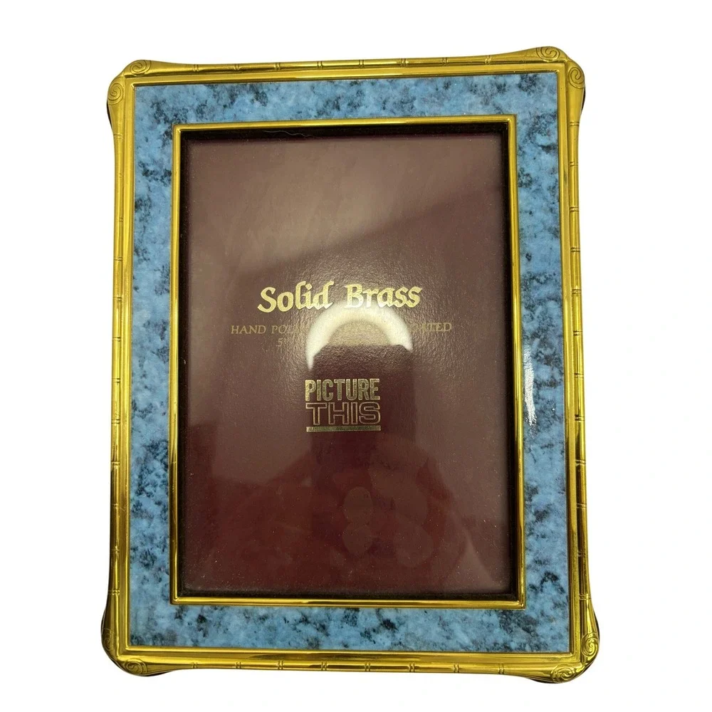 Picture‎ This Solid Brass 5x7 Picture Frame Blue Marble Inlay Bamboo Gold Trim